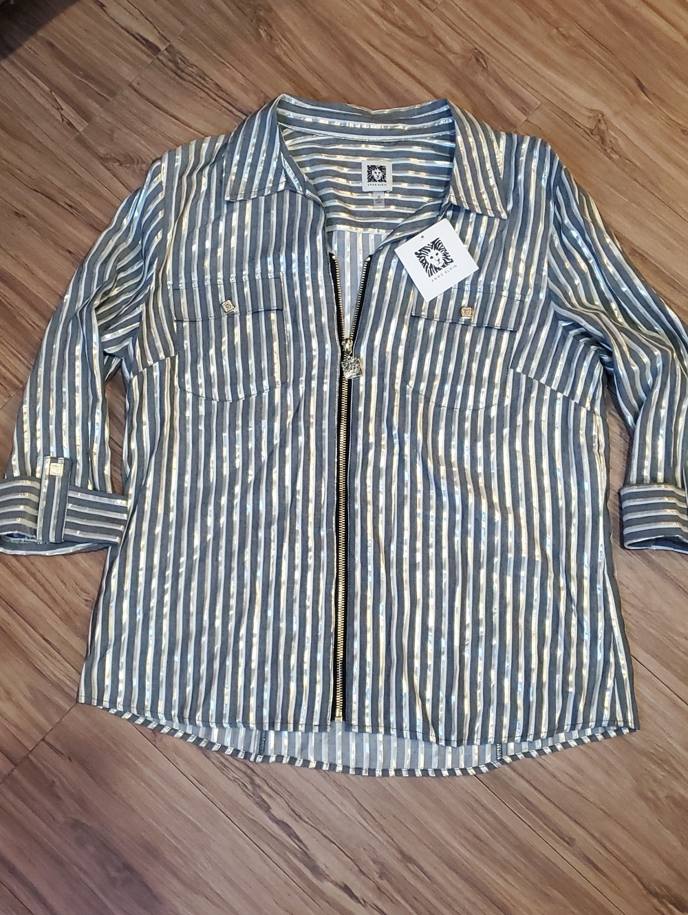 Anne Klein Striped Metallic Zip-Front Shirt Jacket - Grey And Gold